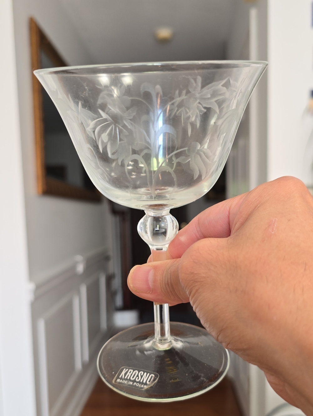Vintage Set Of 2 Krosno Floral Etched Coupe Cocktail Glasses Poland 6" Tall